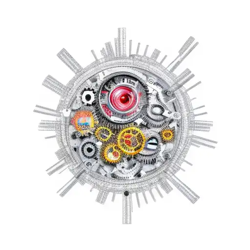 atomic heart surrounded by gears and circuitry tattoo design idea