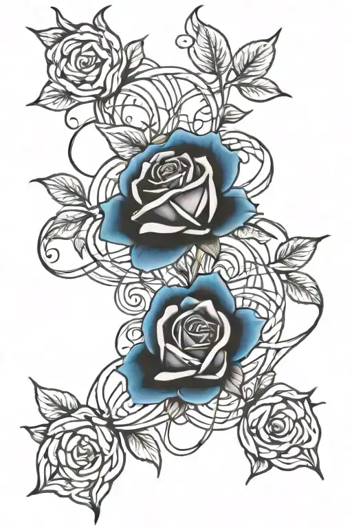 two roses intertwined, black and blue tattoo design idea