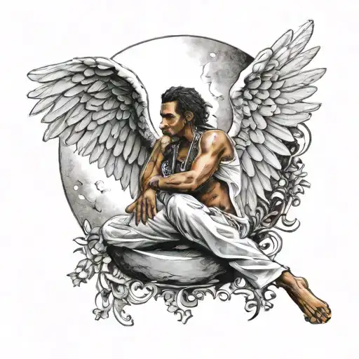 capoeira player with angel wings sits on half moon with birembau  tattoo design idea