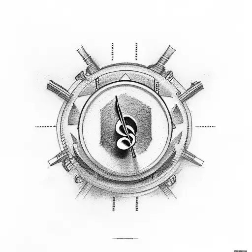 Incorporate a military-inspired tattoo sleeve featuring street signs and car parts intertwined with musical elements tattoo design idea