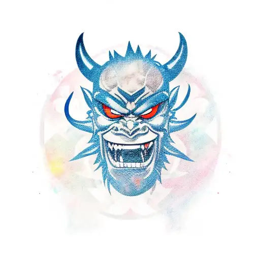 An anime-inspired oni mask with lucky symbols incorporated tattoo design idea