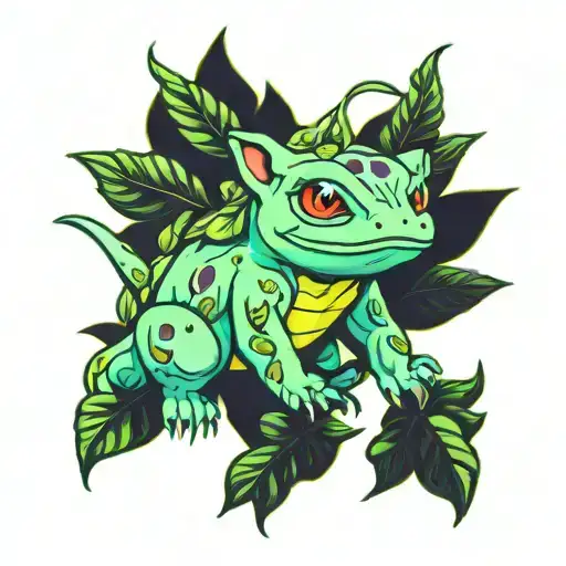 neon bulbasaur with weed plant  tattoo design idea