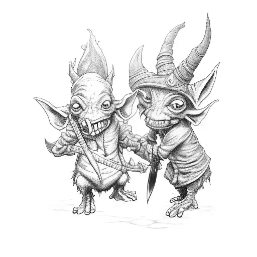 goblin with a dagger holding his 3 year old goblin son back from harm tattoo design idea