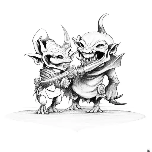 goblin with a dagger holding his 3 year old goblin son back from harm tattoo design idea
