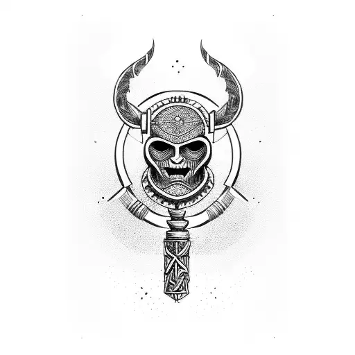 A voodoo doll wearing a Viking helmet, surrounded by red geometric shapes tattoo design idea
