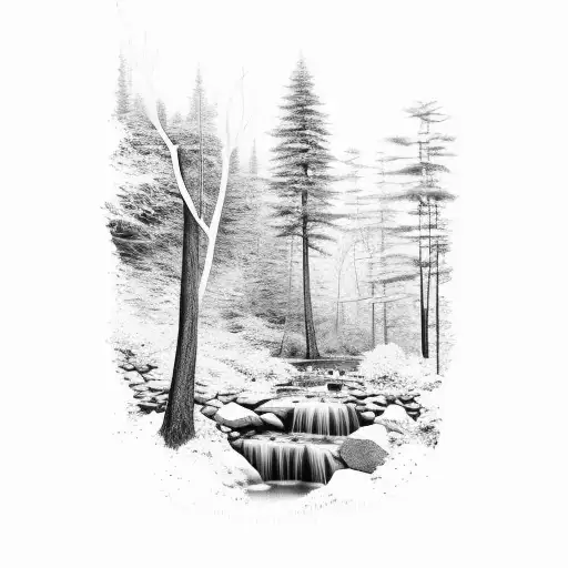 A tall waterfall going into a stream in the woods and the number 3133 can be seen behind the waterfall tattoo design idea