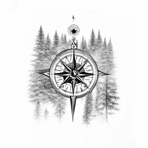 A black and grey tattoo of a compass surrounded by pine trees and mountain peaks tattoo design idea