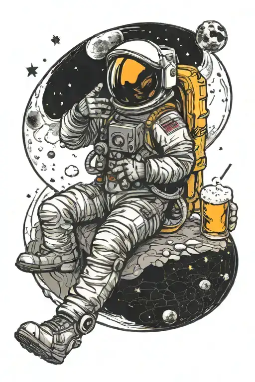 astronaut drinking beer on the moon looking at earth tattoo design idea