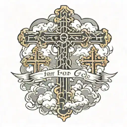 3 crosses with clouds and fear god lettering tattoo tattoo design idea