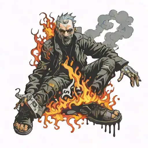 The person from the cover of the music album Hybrid Theory with his feet burned and walking on fire tattoo design idea