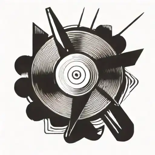 A blackwork tattoo of a psychedelic arrow piercing through a vinyl record tattoo design idea