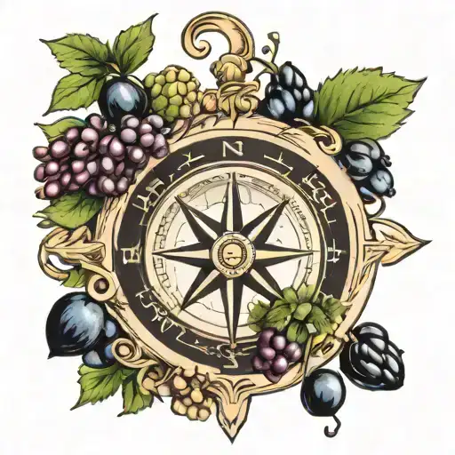A tattoo design of a compass rose with coffee beans and wine grapes intertwined, representing the client's passion for travel, coffee, and wine tattoo design idea