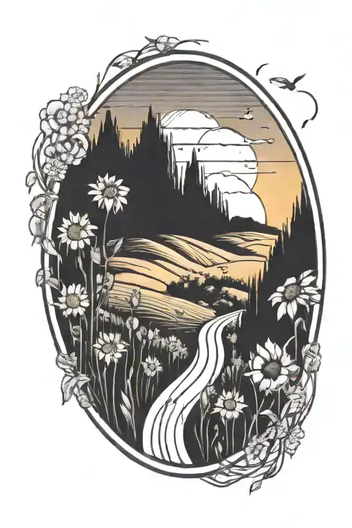 A winding road leading into a sunset with a field of flowers on the side tattoo design idea