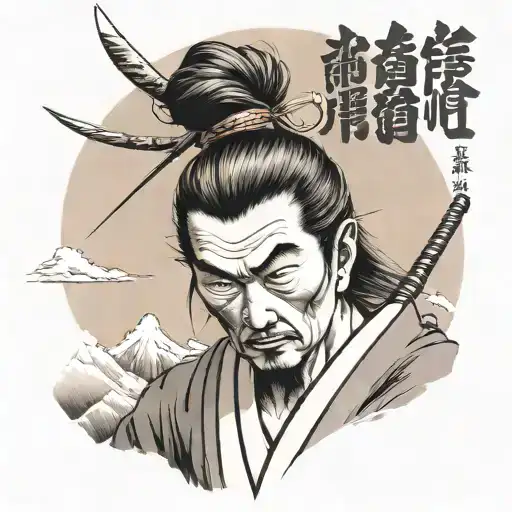 Traditional tattoo of Miyamoto Musashi on a mountain in Japan with lotus flower and a quote in Japanese that said think  tattoo design idea