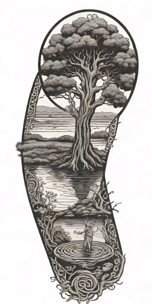 Celtic Tree of life growing from a pond with a Celtic Warrior Protector a celtic warrior monk thinking tattoo design idea