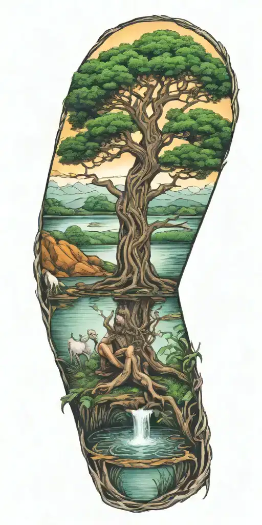 Celtic Tree of life growing from a pond with a Celtic Warrior Protector a celtic warrior monk thinking tattoo design idea