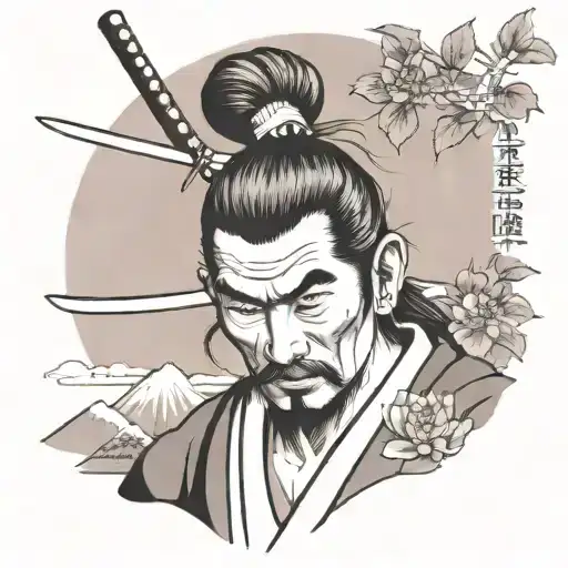 Traditional tattoo of Miyamoto Musashi on a mountain in Japan with lotus flower  tattoo design idea
