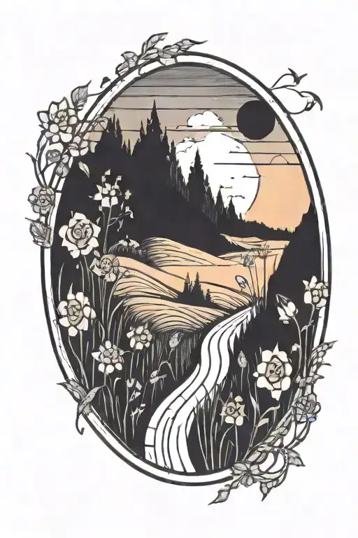 A winding road leading into a sunset with a field of flowers on the side tattoo design idea