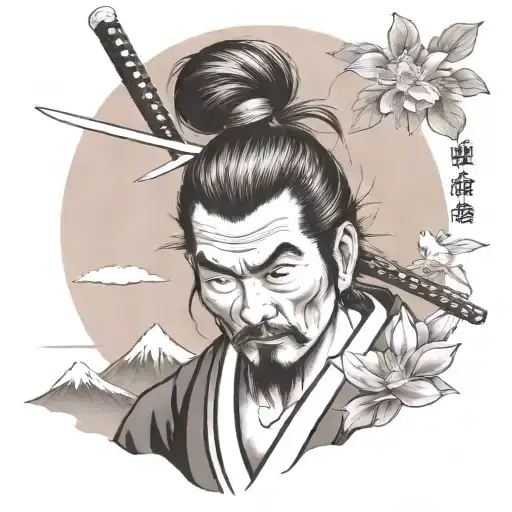 Traditional tattoo of Miyamoto Musashi on a mountain in Japan with lotus flower  tattoo design idea