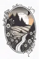 A winding road leading into a sunset with a field of flowers on the side tattoo design idea