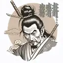 Traditional tattoo of Miyamoto Musashi on a mountain in Japan with lotus flower and a quote in Japanese that said think  tattoo design idea