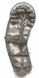 Celtic Tree of life growing from a pond with a Celtic Warrior Protector a celtic warrior monk thinking tattoo design idea