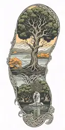 Celtic Tree of life growing from a pond with a Celtic Warrior Protector a celtic warrior monk thinking tattoo design idea