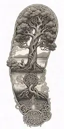 Celtic Tree of life growing from a pond with a Celtic Warrior Protector a celtic warrior monk thinking tattoo design idea
