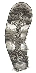 Celtic Tree of life growing from a pond with a Celtic Warrior Protector a celtic warrior monk thinking tattoo design idea