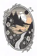 A winding road leading into a sunset with a field of flowers on the side tattoo design idea