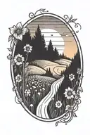 A winding road leading into a sunset with a field of flowers on the side tattoo design idea