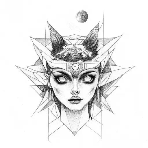 Goddess Hecate surrounded by moonlit forest tattoo design idea