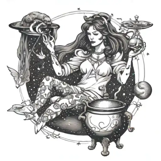 A celestial witch casting spells under the Taurus constellation, with Pisces moon reflecting in a cauldron, and Libra scales in the background tattoo design idea