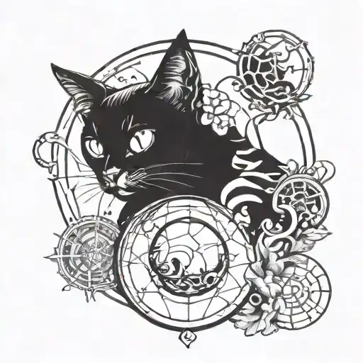 A mystical cat holding a crystal ball with Taurus, Pisces, and Libra symbols floating around it tattoo design idea
