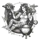 A celestial witch casting spells under the Taurus constellation, with Pisces moon reflecting in a cauldron, and Libra scales in the background tattoo design idea
