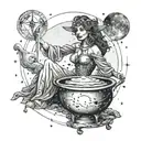 A celestial witch casting spells under the Taurus constellation, with Pisces moon reflecting in a cauldron, and Libra scales in the background tattoo design idea
