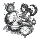 A celestial witch casting spells under the Taurus constellation, with Pisces moon reflecting in a cauldron, and Libra scales in the background tattoo design idea