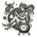 A celestial witch casting spells under the Taurus constellation, with Pisces moon reflecting in a cauldron, and Libra scales in the background tattoo design idea