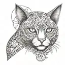 A cat familiar with Taurus horns, Pisces moon eyes, and Libra scale patterns on its fur tattoo design idea