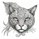 A cat familiar with Taurus horns, Pisces moon eyes, and Libra scale patterns on its fur tattoo design idea