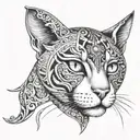 A cat familiar with Taurus horns, Pisces moon eyes, and Libra scale patterns on its fur tattoo design idea