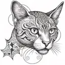A cat familiar with Taurus horns, Pisces moon eyes, and Libra scale patterns on its fur tattoo design idea