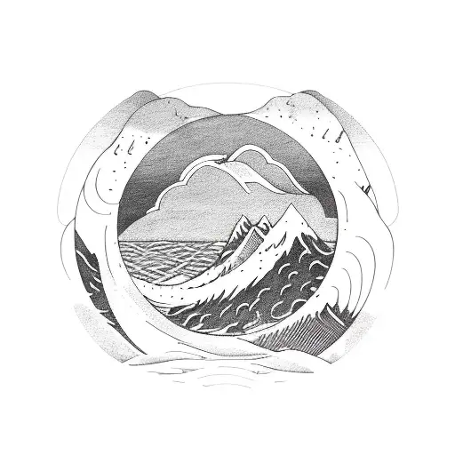 ocean waves with the Three Sisters mountains and a stylized compass tattoo design idea