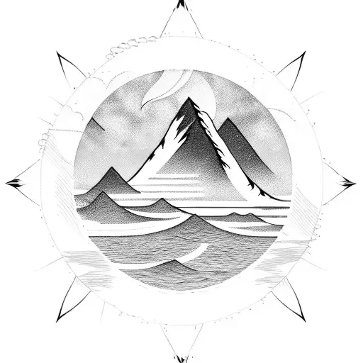 ocean waves with the Three Sisters mountains and a stylized compass tattoo design idea