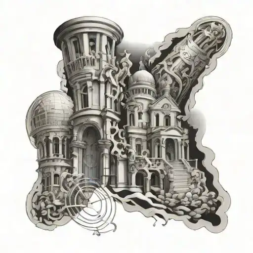 tattoo sleeve with architecture, putties and graphics tattoo design idea