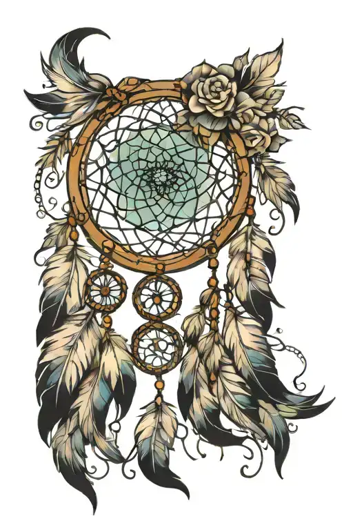 dream catcher detailed unique feathers falling tattoo design idea