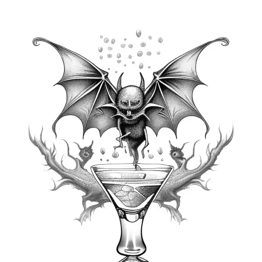 An intricate black and grey design featuring a cocktail glass filled with the client's favorite drink surrounded by spooky elements like bats and spiders tattoo design idea