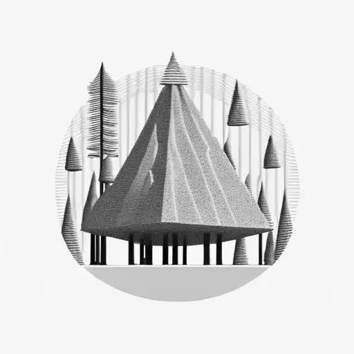 Un bosque con montañas de fondo en el que aparezca una cabaña, un banco y un perro tattoo design idea