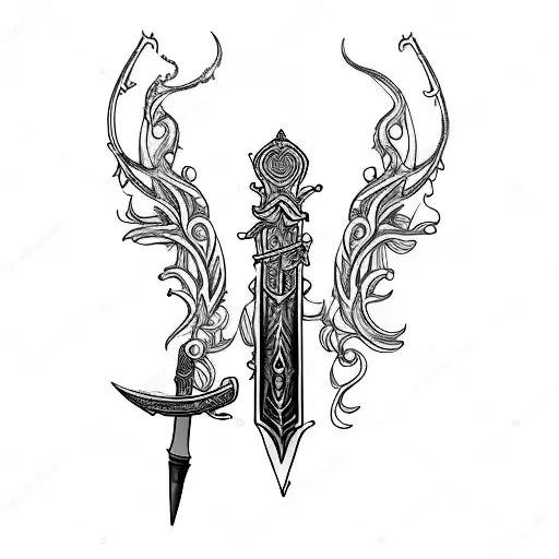thin, long, fantasy, feminine sword with rowan berries growing around it for  tattoo design idea