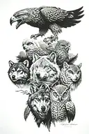 wolf, elephant, owl soaring, eagle  tattoo design idea
